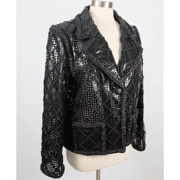 Chanel Brasserie 15K jacket coat 48 / 16 faux leather PVC perforated tweed black